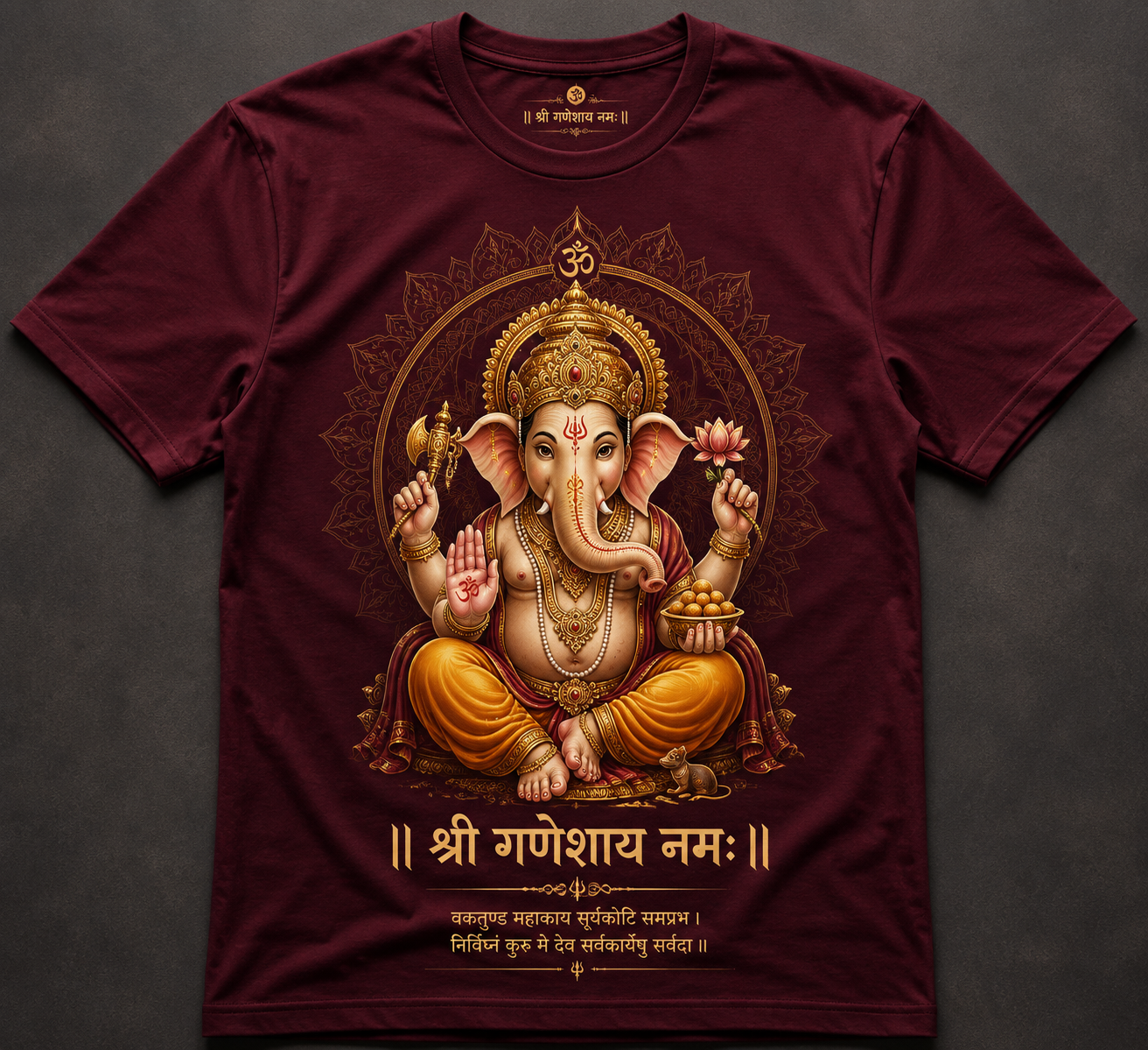 Maroon t-shirt with Lord Ganesha graphic and text on