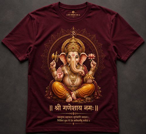 Maroon t-shirt with Lord Ganesha graphic and text on