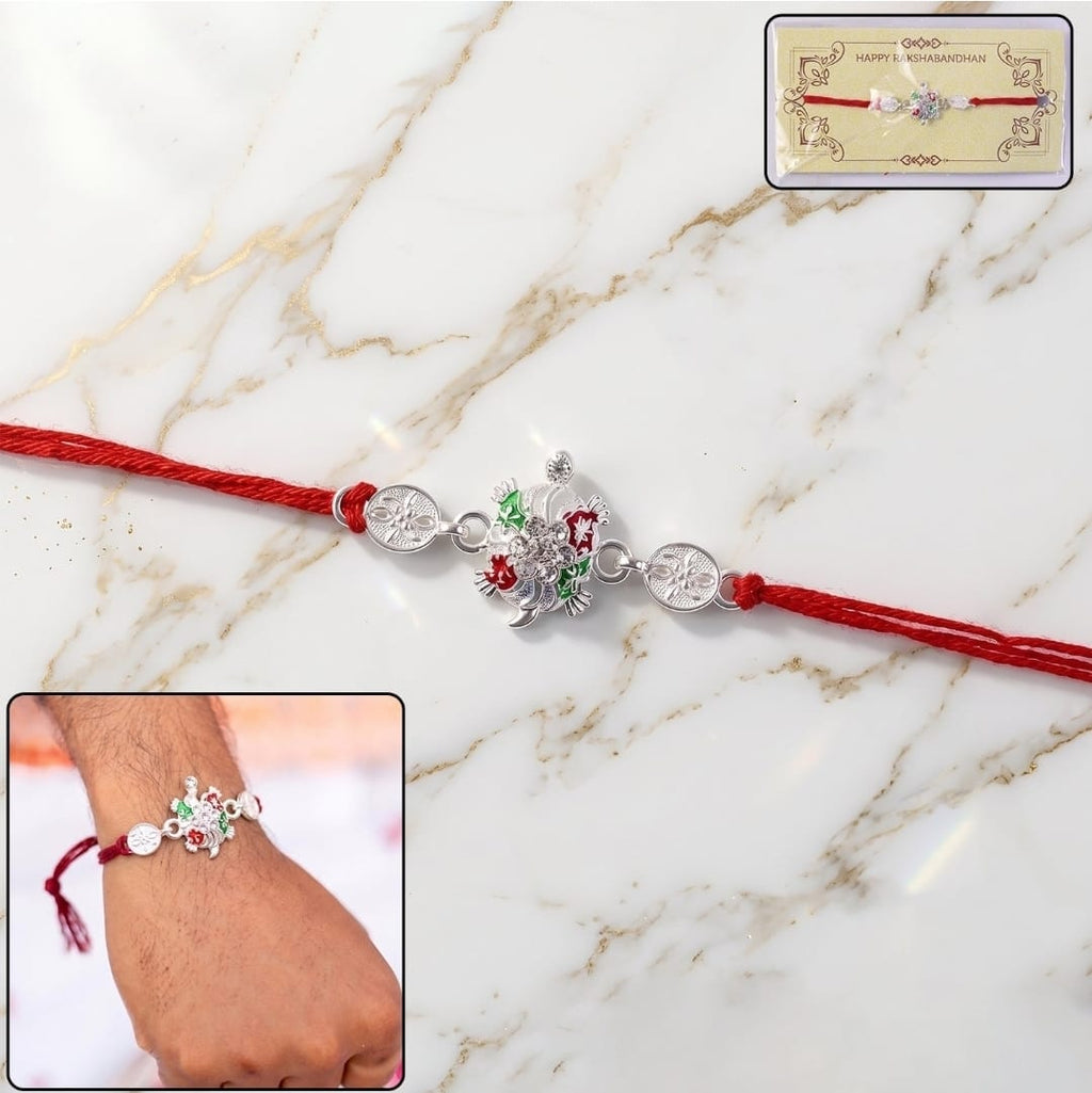 Silver Floral Rakhi – Vibrant Enamel & Soft Thread for Raksha Bandhan