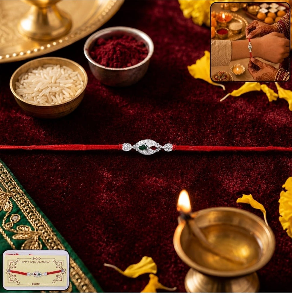Silver Oval Rakhi-Elegant Design with Red Thread