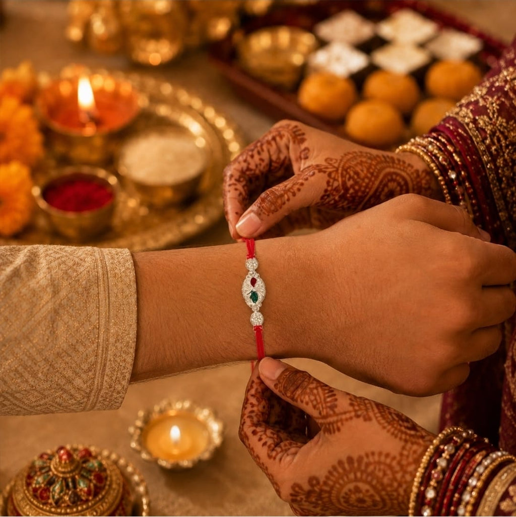 Silver Oval Rakhi-Elegant Design with Red Thread