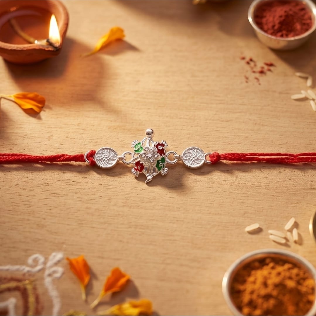 Silver Floral Rakhi – Vibrant Enamel & Soft Thread for Raksha Bandhan