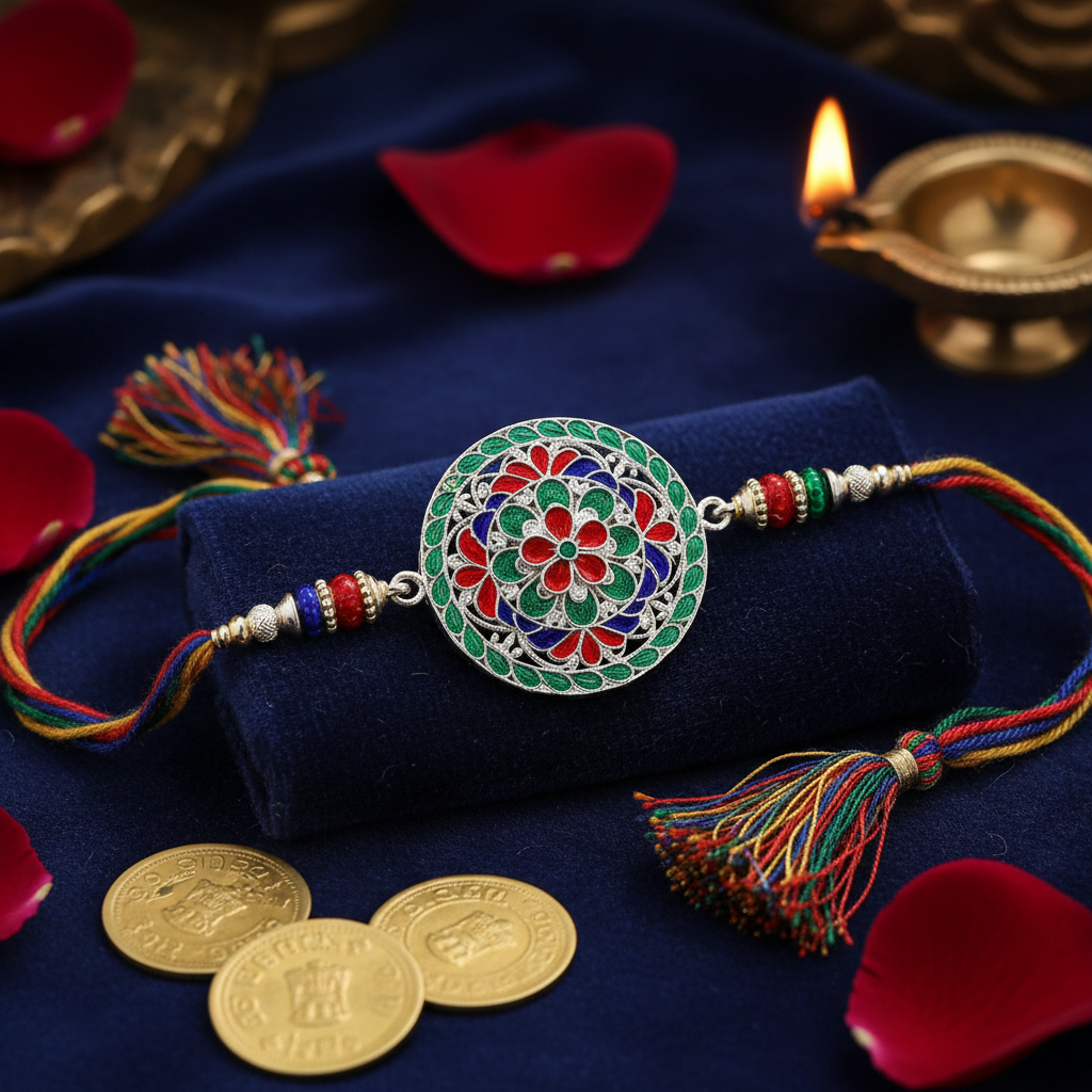 Silver Rakhi with enamel design - Raksha Bandhan gift
